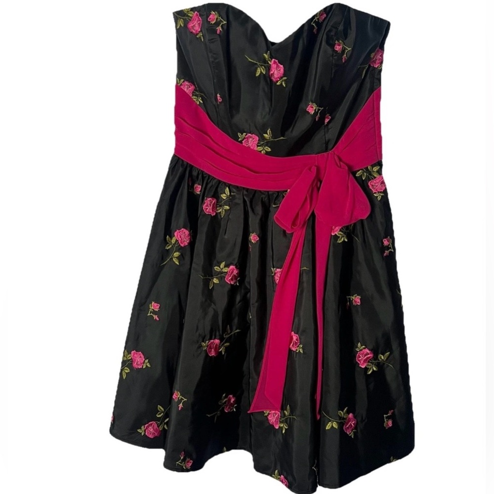 Betsey Johnson vintage strapless Black & Pink Floral Mini Dress Prom Y2K  Size 4